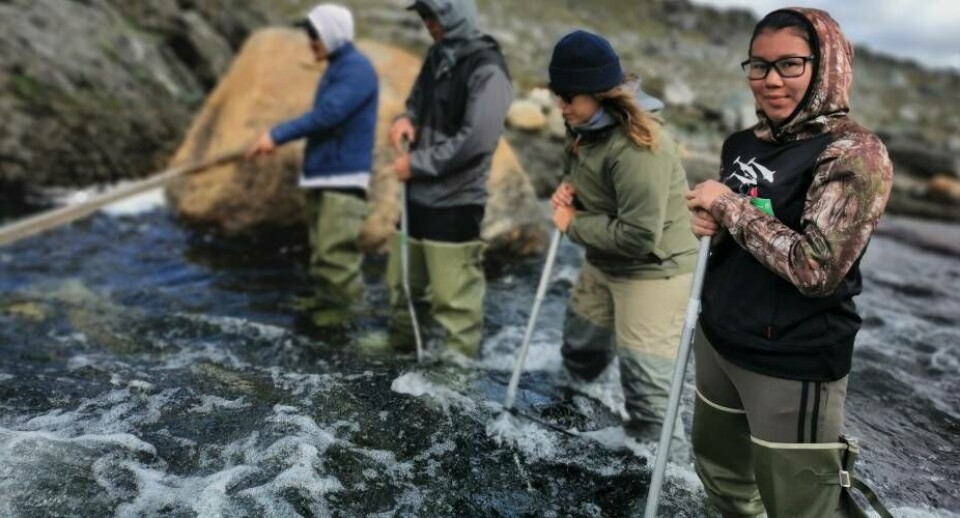Aina Igiyok, Carole-Anne Gillis, Silasie Ajaku, Jaiku Airo har gjort sig klar til at fange ørreder med dip-net for at sætte sendere på dem I Tasirjuarusik ved Kangirsuk, Canada.