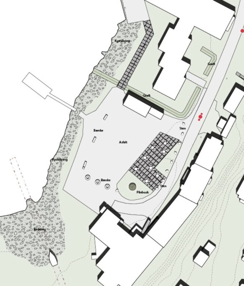 Skitsen viser pladsen, hvor der har været parkeringsplads.