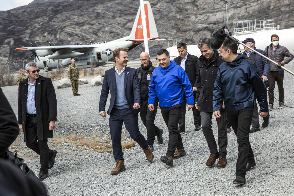 De to medlemmer af Naalakkersuisut - Pele Broberg og Múte B. Egede mødtes med udenrigsminister Antony Blinken i Knagerlussuaq 20. maj.