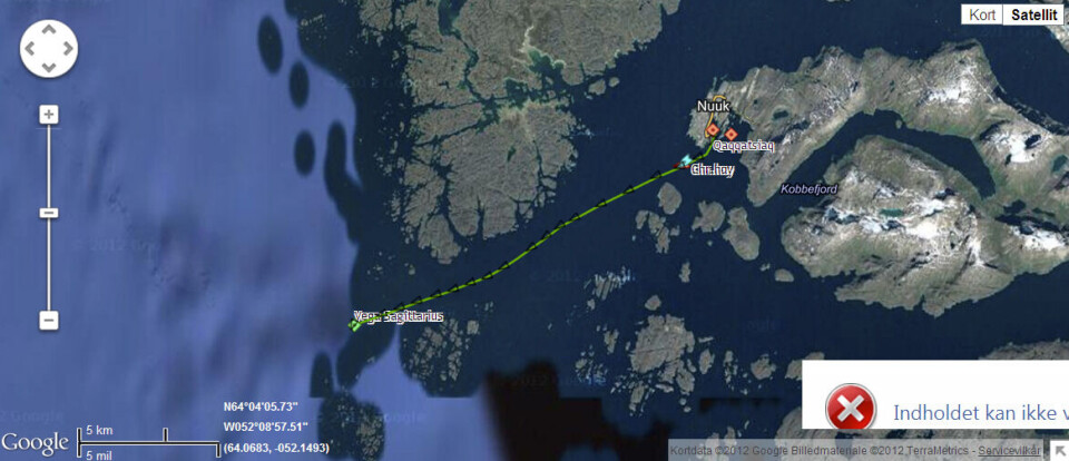 Umiarsuaq ”Vega Sagittarius” sisamanngornermi ullaakkut nal. 07 Nuummit aallarsimatsiaannarluni Nuup kitaani 12 sømilinik ungasissuseqarluni ikkarlippoq. Grafik: Google/marinetraffic.com