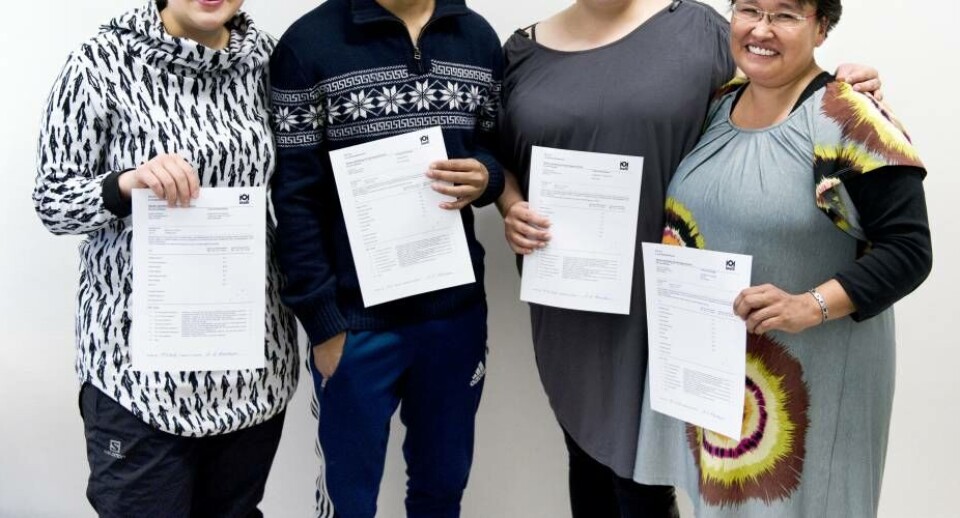 De fire nye ernæringshjælpere, fra venstre.: Helga Leibhardt, Ilulissat. Jens Eipe, Qeqertarsuaq. Larsine Lennert, Nuuk. Cecilie W. Hansen, Narsaq