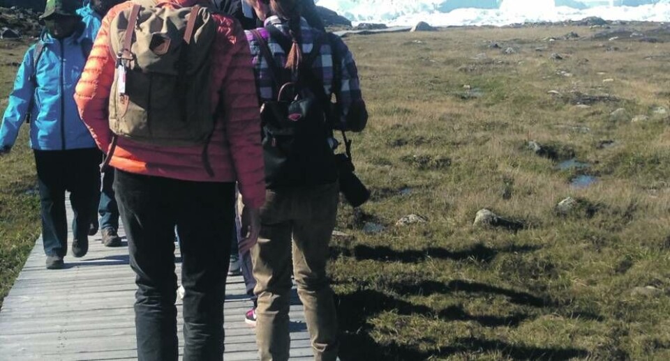Turister på vandretur ved Sermermiut. Turisterne som kommer til Grønland ønsker ofte at blive guidet på deres modersmål. Det stiller yderligere krav til guidernes sprogkundskaber, hvilket er medvirkende til, at turistselskaberne bliver nødt til at finde udenlandske guider.