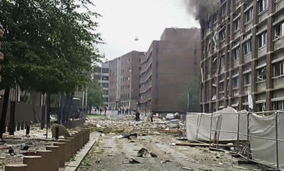Der er stadig ikke klart, hvem der står bag den store eksplosion, der ramte Oslo fredag eftermiddag, dansk tid. Foto: Polfoto