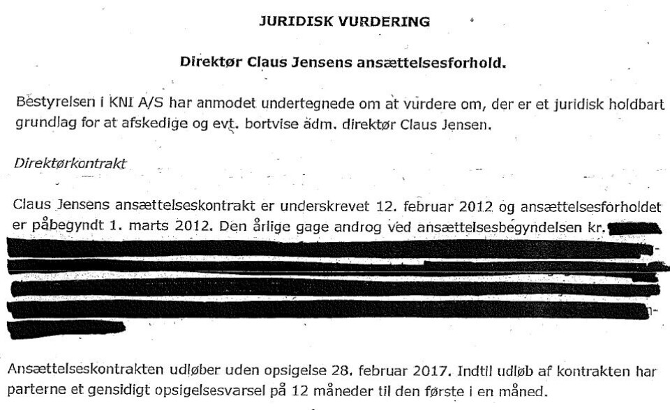 Side 1 i s juridiske vurdering, der er udarbejdet for KNI's bestyrelse Advokatfirmaet Malling & Hansen Damm