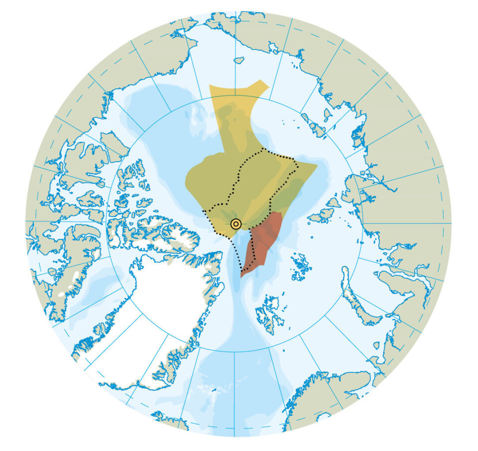Ruslands krav til havbunden. Den mørke del er endnu ikke godkendt. Den stiplede linje viser Grønlands/Danmarks krav.