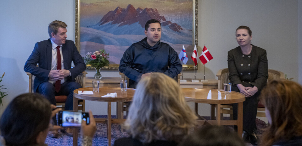 Lagmand Aksel V. Johannesen, formand for Naalakkersuisut Múte B. Egede og statsminister Mette Frederiksen efter mødet i Kontaktudvalget.