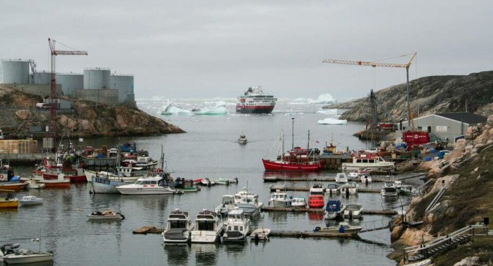 Et typisk billede af travlhed i Ilulissat: Til venstre Royal Greenland, til højre Halibut Greenland – og i midten et stort krydstogtskib.