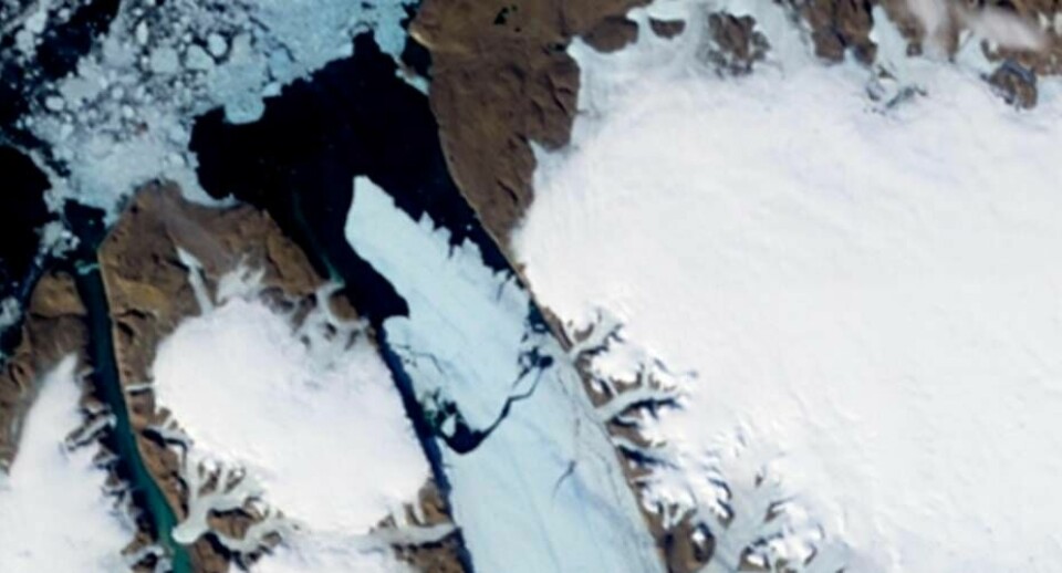Billede af det store stykke is der for noget tid siden frigjorde sig fra Petermann Gletsjeren