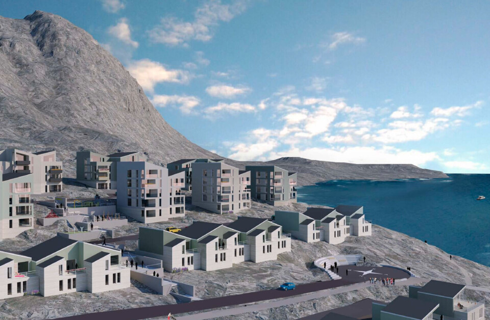 Mitsimmavik - etagehuse højest oppe, dernæst punkthuse efterfulgt af villaer tættest på Malenebugten