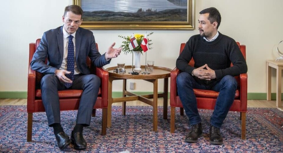 Bárður á Steig Nielsen og Múte Bourup Egede til pressemødet, der afsluttede lagmandens tur i Grønland i torsdags.