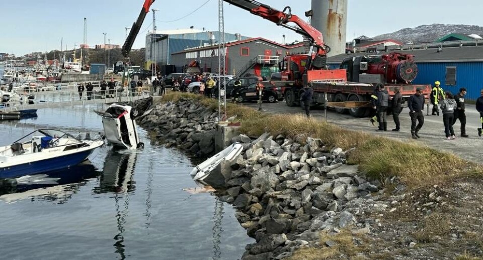 Den hvide personbil bliver hevet op af en lastbil, efter den trillede i havnen. Ingen personer var i bilen, da uheldet skete.