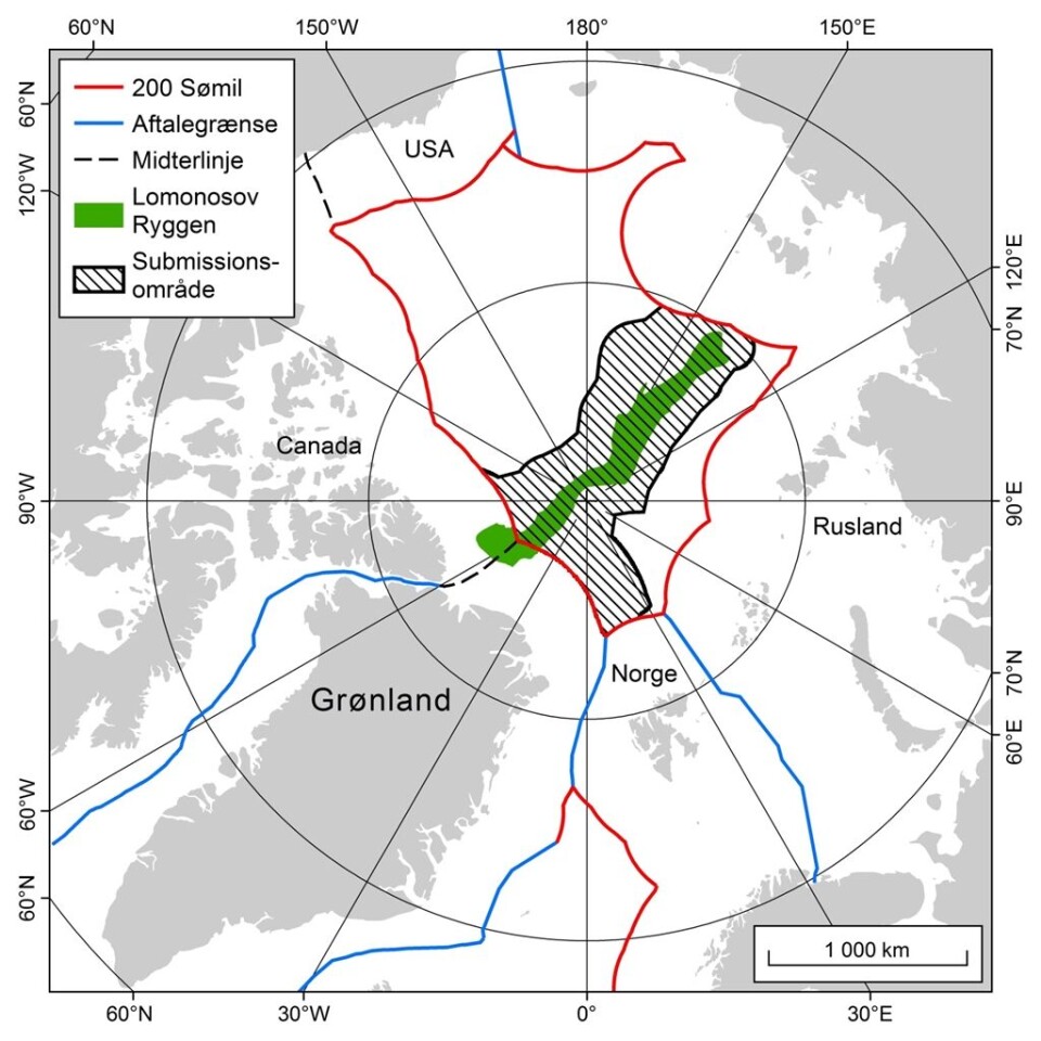 'Submissionsområde' er det område ved Nordpolen, hvor Danmark og Grønland i FN kræver ret til et havbundsområde, der er mere end 20 gange større end Danmark. Kort og grafik: Udenrigsministeriet
