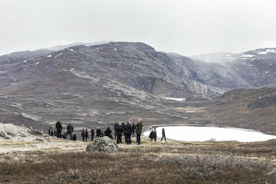 Danmarks denrigsminister Jeppe Kofod, naalakkersuisoq for udenrigsanliggender Pele Broberg, formand for Naalakkersuitsut Múte Bourup Egede og USAs udenrigsminister Antony Blinken ved udsigtspunkt Black Ridge/Tacan torsdag den 20. maj 2021.