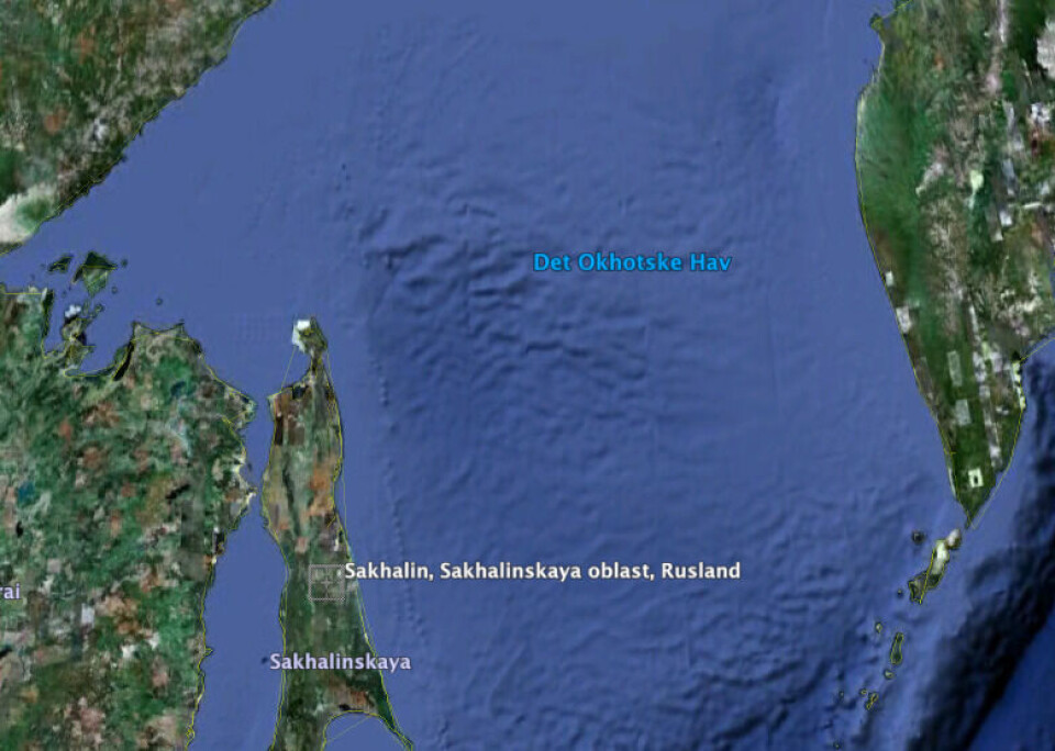 Uvejret i området nord for øen Sakhalin er så voldsomt, at en redning af de 49 savnede oliearbejdere opgives. Foto: Google Earth
