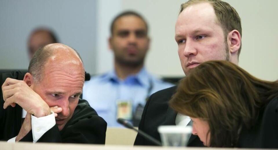 Anders Behring Breivik fotograferet under retsmøderne i Oslo. Foto: AP Photo/Heiko Junge/NTB Scanpix, Pool