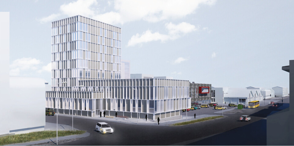 By-aksen viser de høje huse, som har været planlagt længe fra Tele-tårnet i syd til NC-bygningeni nord og ind imellem ses Hotel Nuuk, Grønlandsbanken og nu det nye højhus på Ole’s Varehus’ plads.