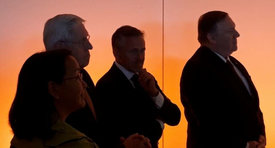 Ane Lone Bagger, færøernes Poul Michelsen, Anders Samuelsen ses bag den amerikanske udenrigsminister Mike Pompeos ryg på Arktisk Råds ministermøde i Finland.