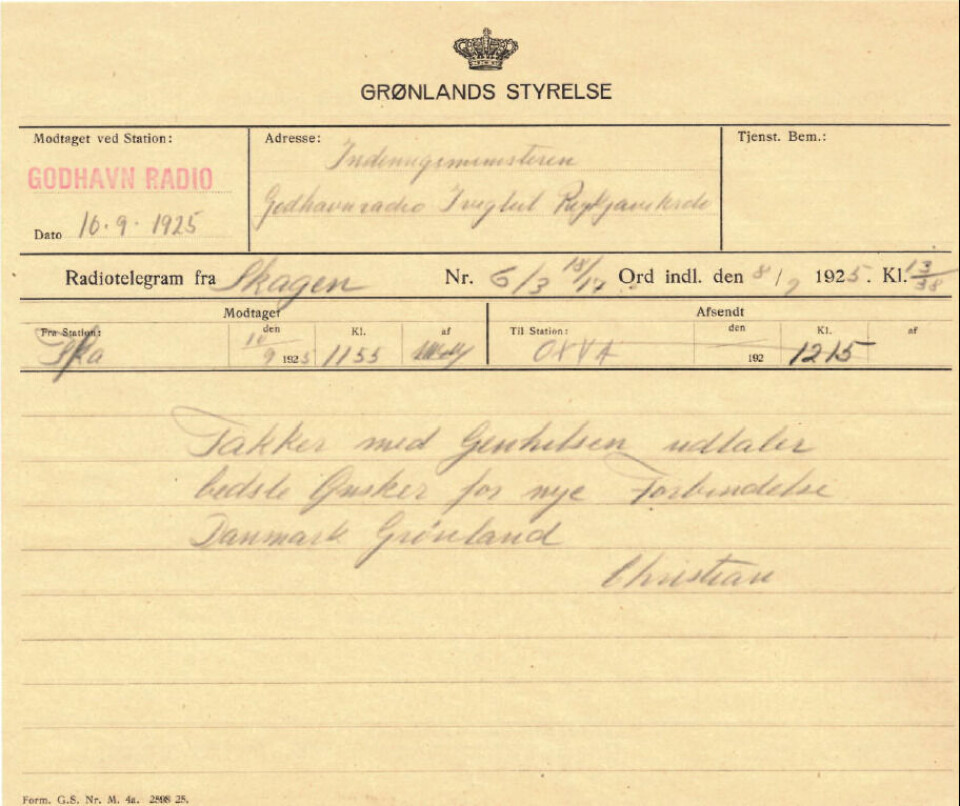Kopi af telegrammet til Kong Christian i 1925 Telegram til kongen 1925