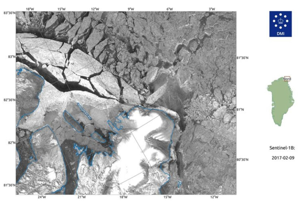 Satellitfoto af områder uden is i Nordøstgrønland.
