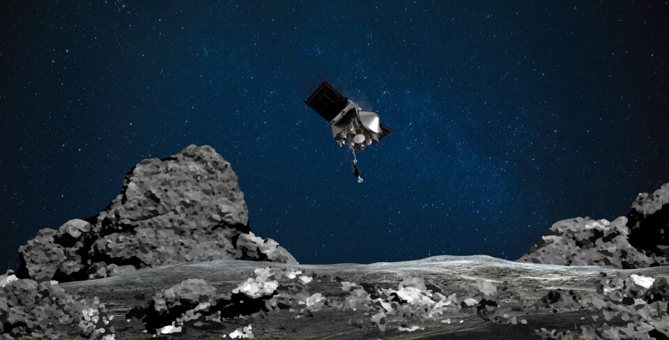 Description: (FILES) This NASA file image obtained August 11, 2020 shows an artists rendering of the OSIRIS-REx spacecraft descending towards asteroid Bennu to collect a sample of the asteroids surface. - The big day has arrived for the American probe Osiris-Rex: after four years of travel, it will hit the asteroid Bennu on October 20, 2020 to pick up a few tens of grams of dust, a high-precision operation 320 million kilometers away from Earth . (Photo by Handout / NASA/Goddard/Arizona State University / AFP) / RESTRICTED TO EDITORIAL USE - MANDATORY CREDIT 'AFP PHOTO /NASA/GODDARD/UNIVERSITY OF ARIZONA/HANDOUT