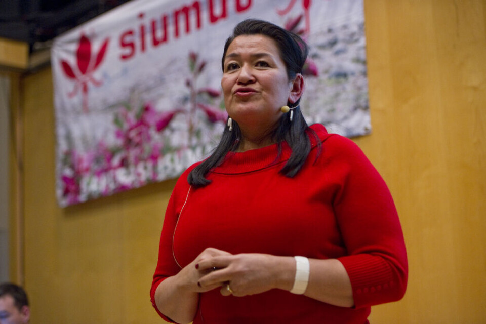 Aleqa Hammond, formand for Siumut, under borgermødet den 21. marts i Nuuk. Foto: Leiff Josefsen