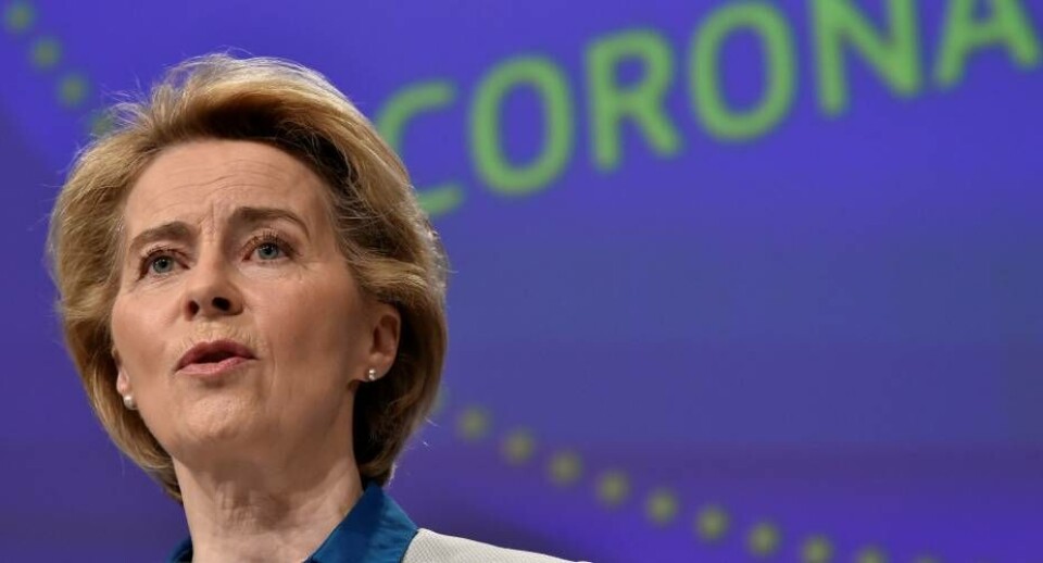 Formand for EU-kommissionen Ursula von der Leyen afholder en nyhedskonference om EU's reaktion på coronakrisen i EU's hovedkvarter i Bruxelles 15. april.