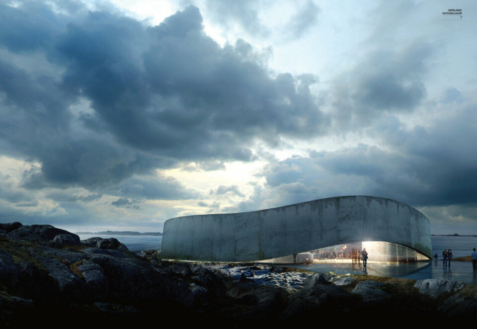 Tegnestuen s vinderprojekt, Grønlands Nationalgalleri for Kunst, der skal ligge med udsigt over Nuuk Fjord og Nordlandet. BIG
