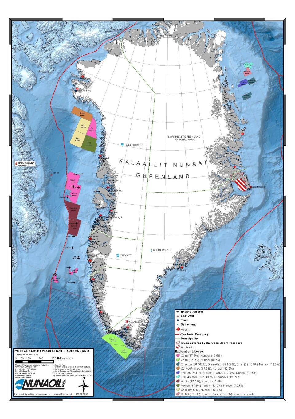 Det aktuelle kort over olielicenser i havet omkring Grønland. Grafik: Nunaoil oliekort 2015