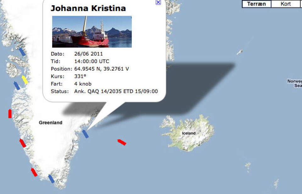 Johanna Kristina ligger tættest på Tasiilaq søndag 12.25, Mary Arctica - den røde brik - har lidt vej endnu, inden hun er i havn. Skærmfoto