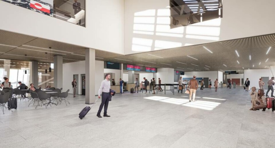 Afgangshallen og ankomsthallen på første sal, hvor der dels er check in og udgang til securitykontrol, dels er ankomst med bagage udlevering og told.
