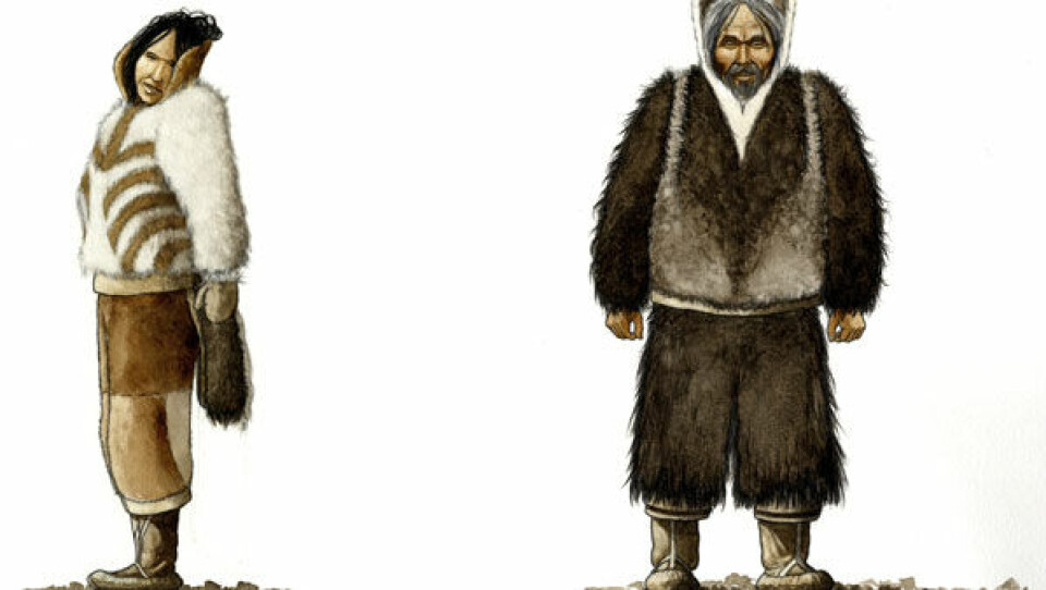 Her ser vi den unge kvinde Ukaliatsiaq og den mægtige åndemaner Umimmak, der er nogle af hovedpersonerne i Grønlands forhistorie i De første Skridt bind 2. Nuka Godtfredsens tegninger