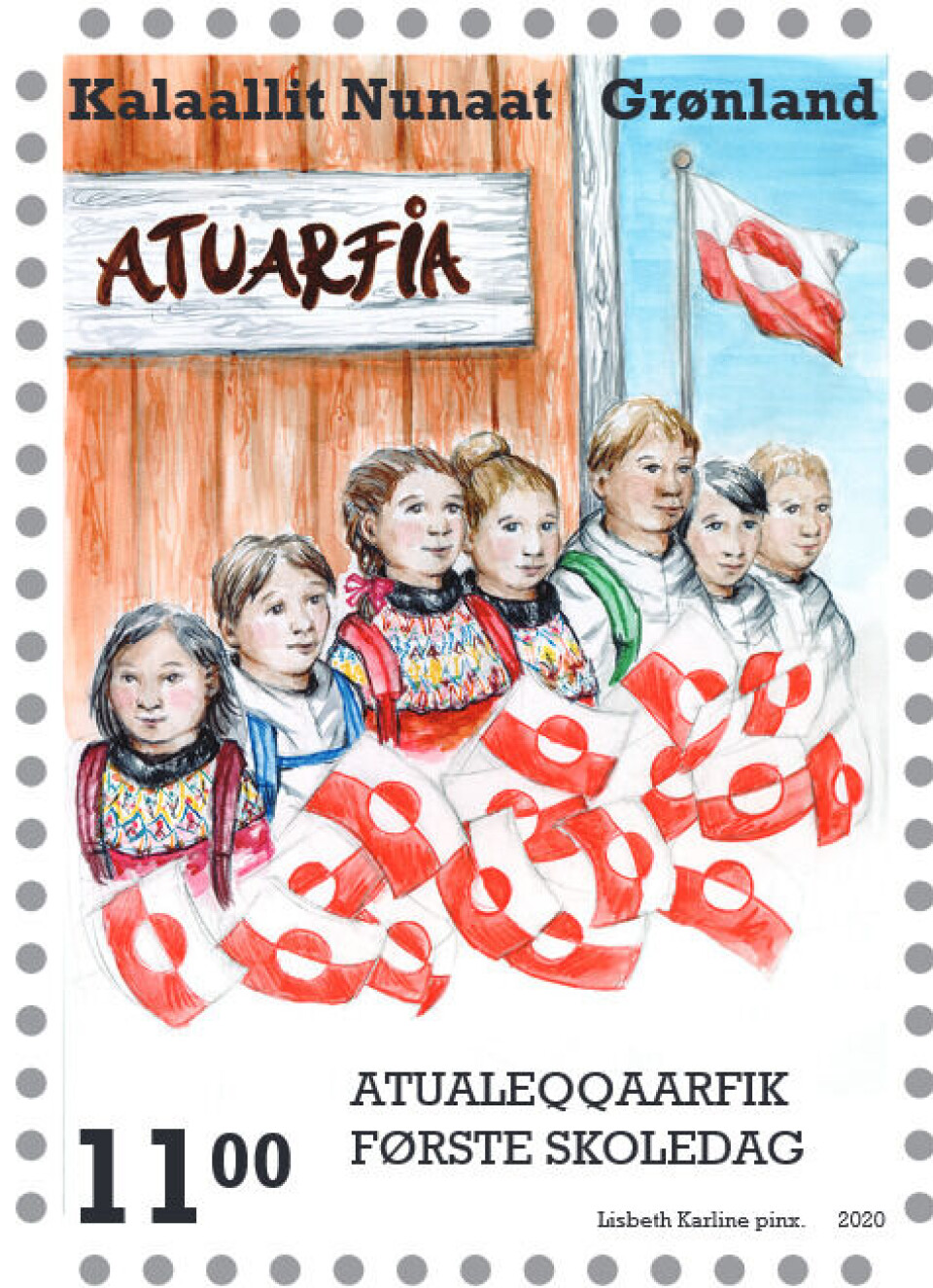 Kunstneren Lisbeth Karline, født 1981 i Nanortalik, har skabt det stemningsfulde motiv på dette hendes tiende frimærke for Tele-Post