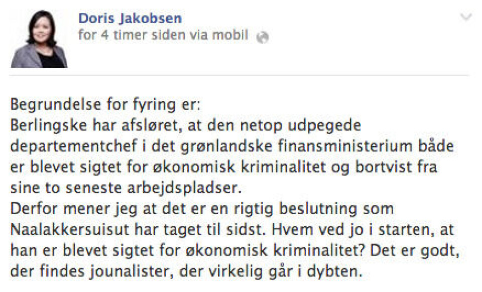 Doris Jakobsens kommentar på . Departementschef Carsten Frank Hansen blev ikke fyret Facebook