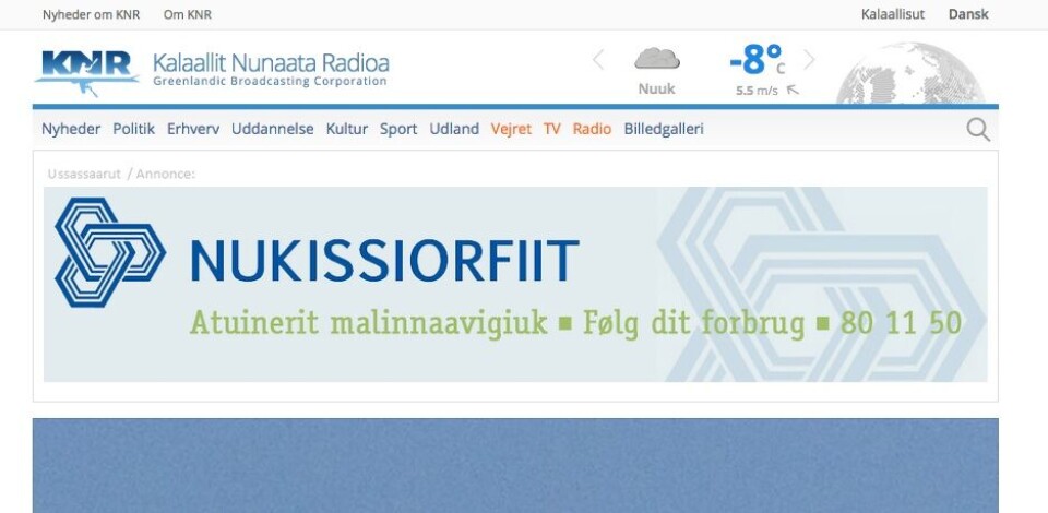 Det er denne Nukissiorfiit-reklame, som KNR torsdag middag har fjernet fra knr.gl efter ordre fra selvstyret
