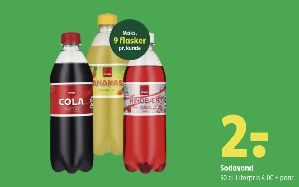 Ugens tilbud i Danmark – 2 kroner for 0,50 liter Coop-sodavand.