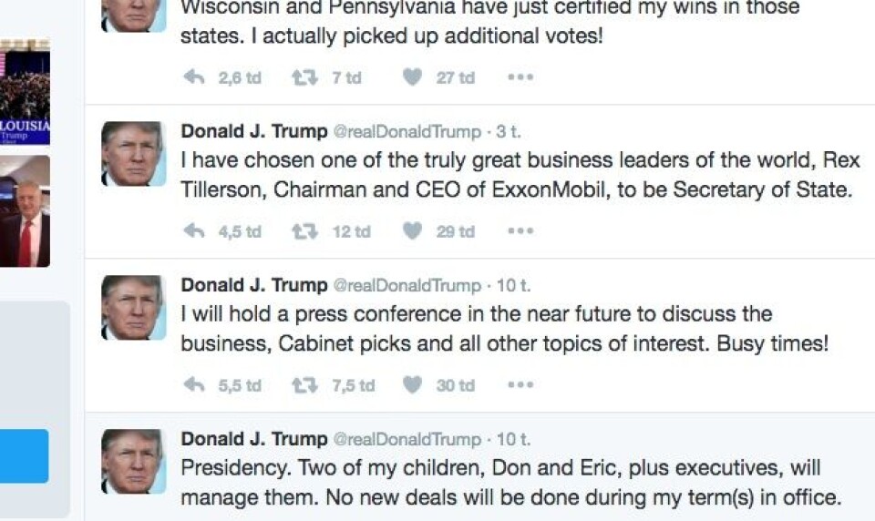 Donald Trumps twitterprofil blev overvåget fra morgenstunden. Han afslørede i går, at udnævnelsen ville kommer der.