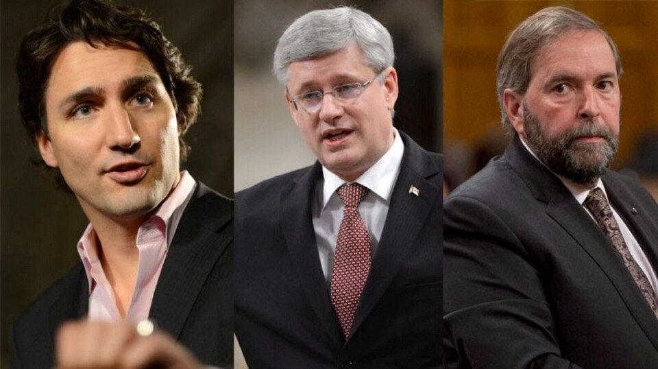 De tre spidskandidater til dagens præmierministervalg i Canada, Justin Trudeau fra det liberale parti, i midten den konservative premierminister, Stephen Harper og til højre socialdemokraten Thomas Mulcair