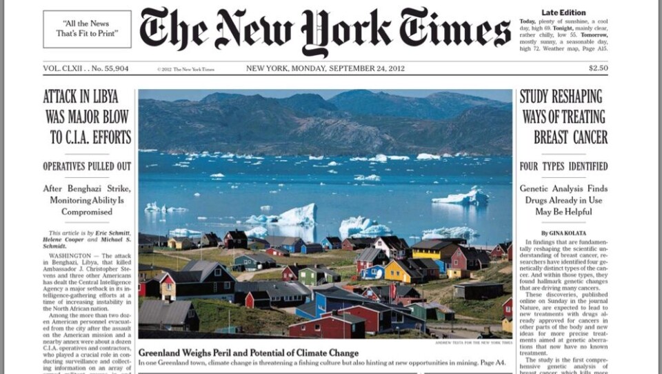 Forsiden af New York Times i går, 24 september 2012. Foto: New York Times