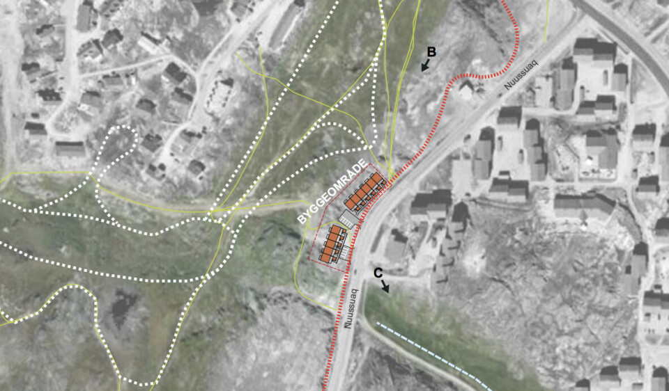 De stiplede linjer viser langrejsløjperne, som der bliver udsigt til fra rækkehusene