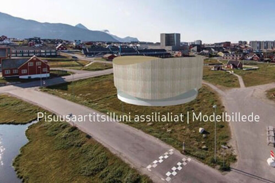 Modelbillede af den forslåede Inatsisartut-bygning på Aqqaluks plads. Inatsisartut, parlamentsbygning, Aqqaluks Plads, modelbillede
