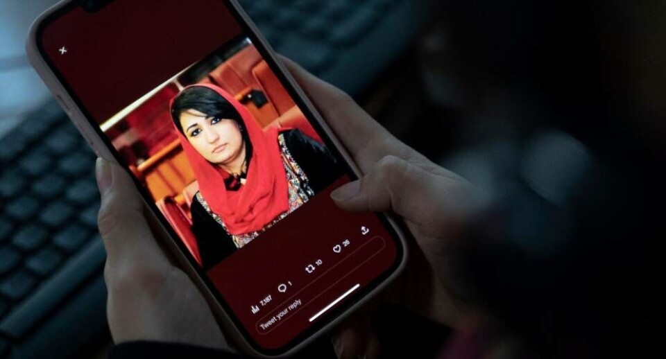 En kvinde ser på et mobilbillede af den dræbte forhenværende politiker Mursal Nabizada. Hun var medlem af parlamentet i Kabul, indtil Taliban tog magten i landet i 2021.