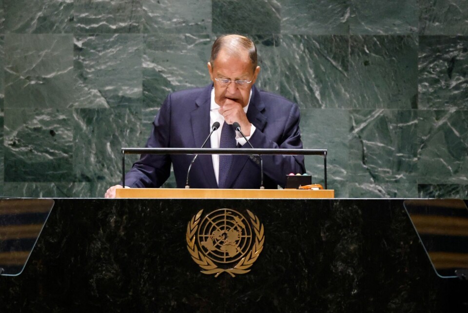 Den russiske udenrigsminister, Sergey Lavrov, taler til den 78. session af De Forenede Nationers Generalforsamling ved FN's hovedkvarter i New York City 23. september 2023.