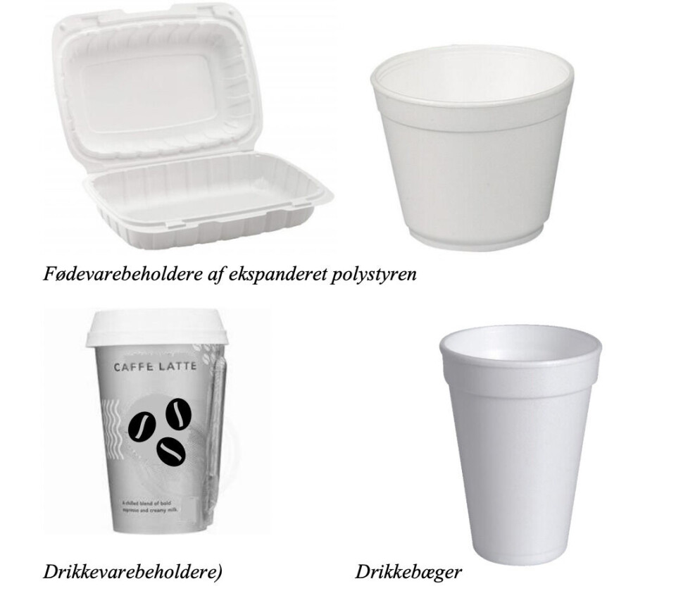 Eksempler på fødevarebeholdere af ekspanderet polystyren, som ikke må sælges eller udleveres med forbuddet.