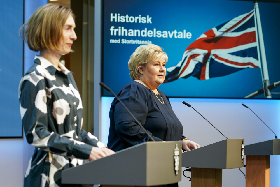 Norges statsminister Erna Solberg og næringsminister Iselin Nybø under pressekonference om status for frihandelsforhandlingene med Storbrittannien.