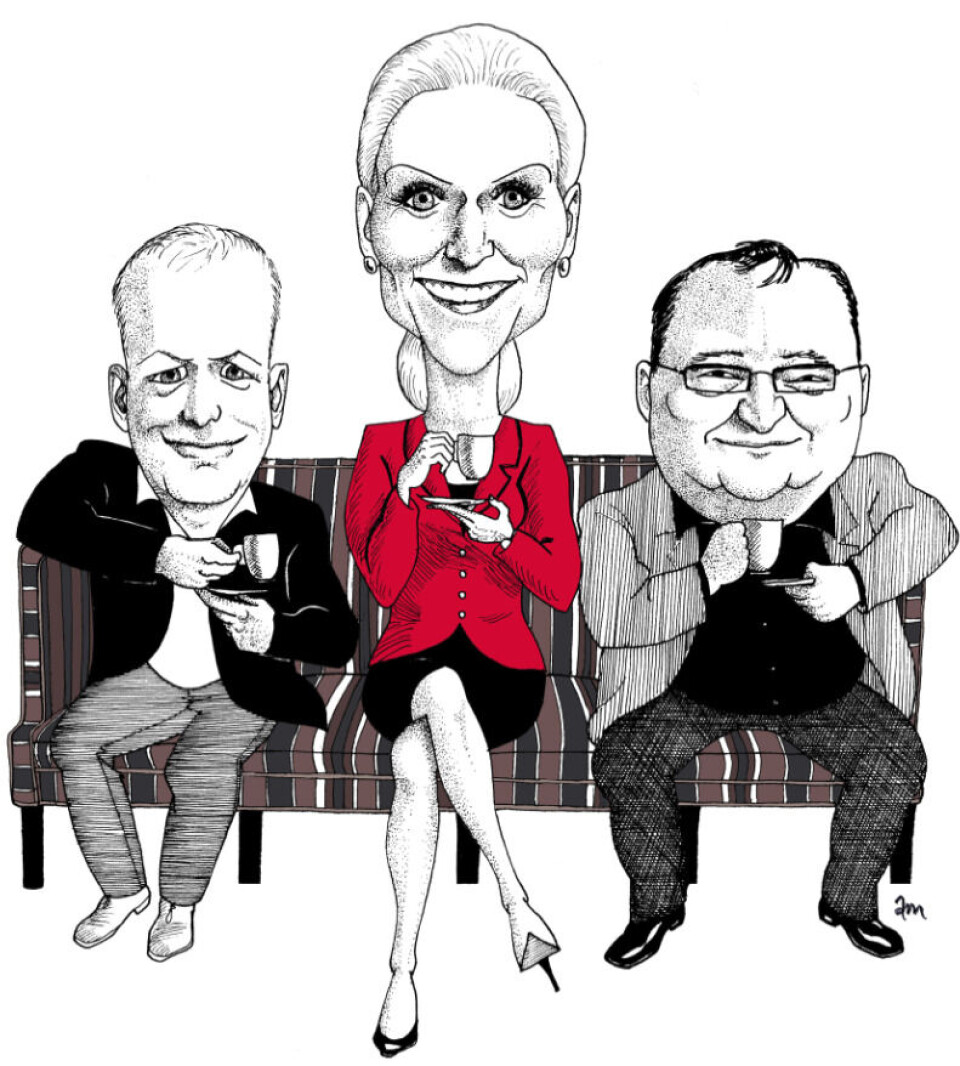 Færøernes lagmand Kaj Leo Johannesen, Danmarks statsminister Helle Thorning-Schmidt og formand for naalakkersuisut Kuupik Kleist under rigsmødet i Igaliku i august.Tegning: Anne-Marie Steen Petersen