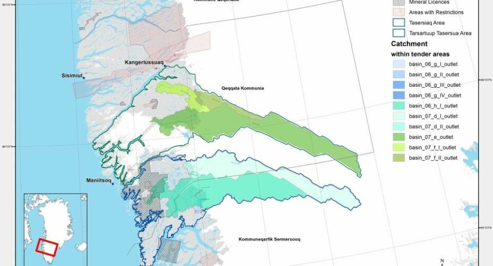 Grønlands største vandkraftpotentialer er beliggende ved Tasersiaq og har enkendt kapacitet, der understøtter en effekt på minimum 600 megawatt (MW).Derudover er der et sydligt potentiale ved Tarsartuup Tasersua med en kendt kapacitet på minimum 200 MW.