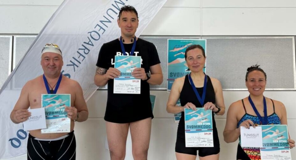Disse fire svømmede længst ved dagen. Fra venstre Karale Kielsen med 10100 meter, Maaseeraq Benjaminsen med 13500 meter, Gitte Drachhman med 13100 meter og Pilunnguaq Benjaminsen med 9550 meter.
