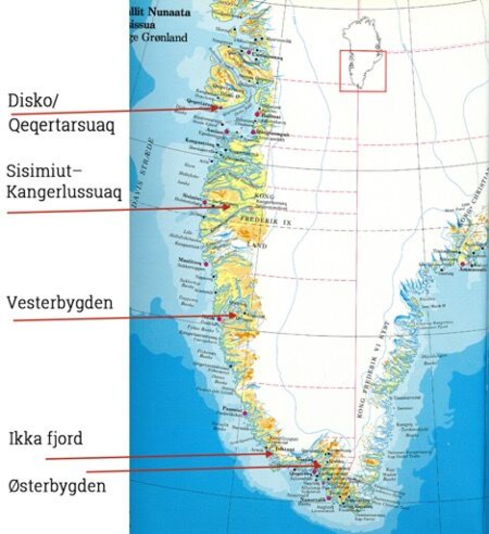 Nordboernes bosættelse skete to steder i Grønland: Østerbygden mod syd omkring Igaliko nær Narsarsuaq, og Vesterbygden i Godthåbsfjorden.