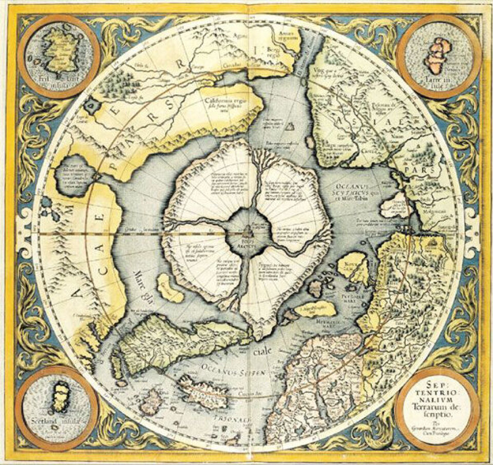 Den flamske kartograf Gerardus Mercators kort fra 1595 viser, hvordan Nordpolen er omgivet af fire kontinenter og fire floder, der ender i Jordens indre. Foto: Det Kongelige Bibliotek
