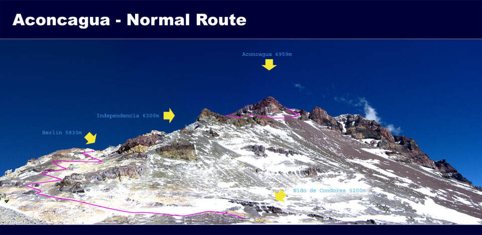 Der er flere ruter til toppen af Aconcagua her er normalruten som den kaldes på Wikipedia